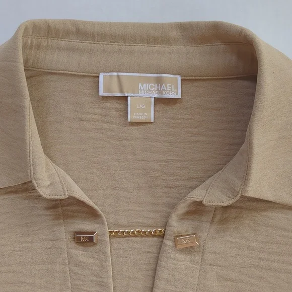 Michael Michael Kors Chain Accent Collared V-Neck Long Sleeve Blouse LARGE Tan - Picture 10 of 16